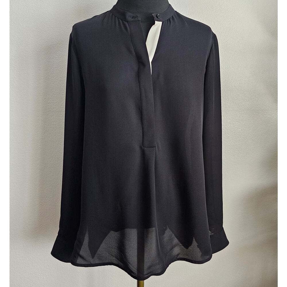 EUC VINCE Women's 100% Silk Black L/S Hi/Low Hem Color Tipped Blouse XS
